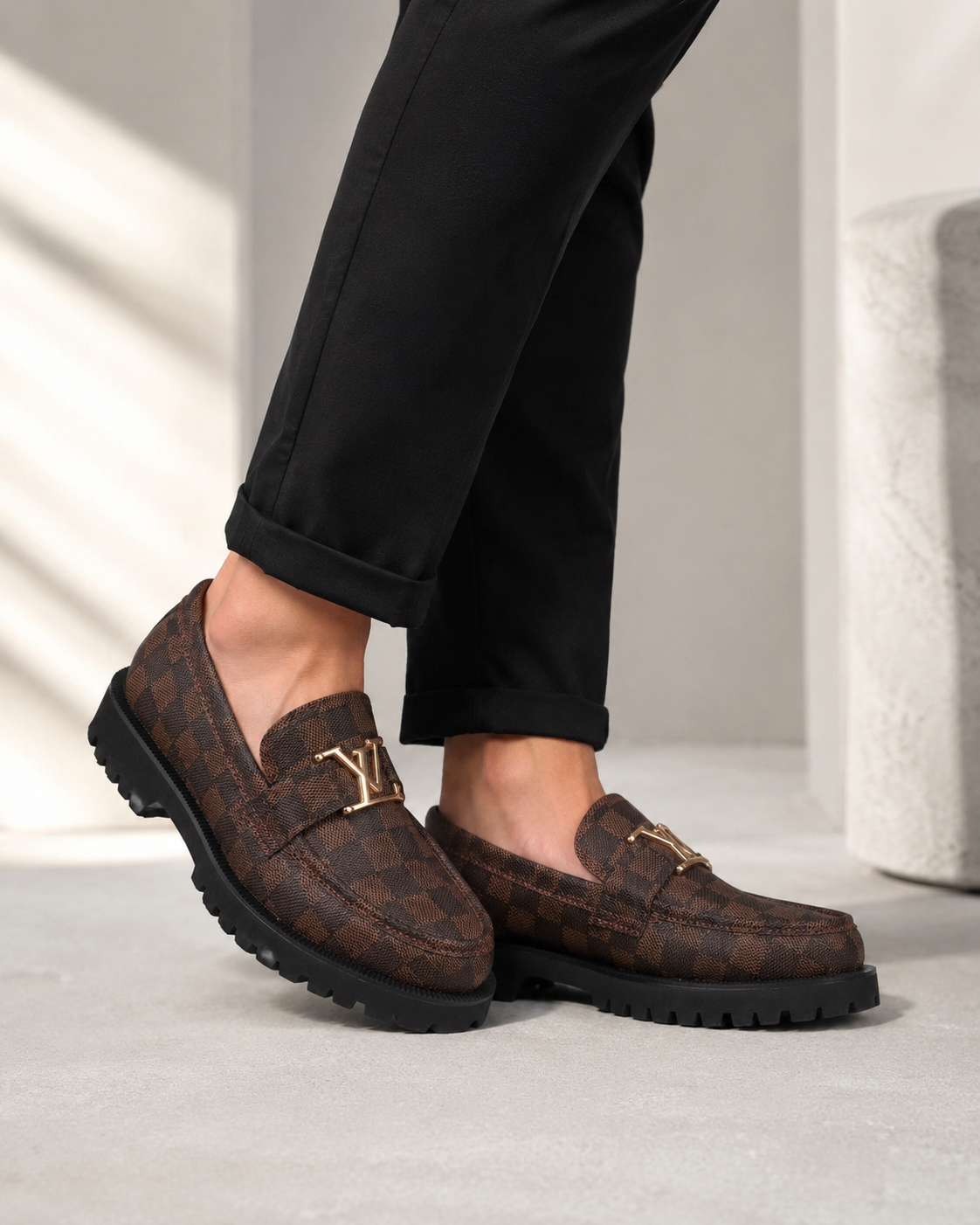 ZAVIO Checkered Pattern Loafer — Brown