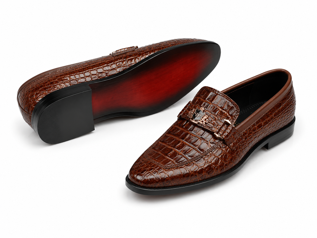 ZAVIO Croc-Embossed Loafer — Brown