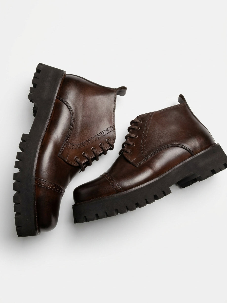ZAVIO Cap-Toe Brogue Leather Boot — Brown