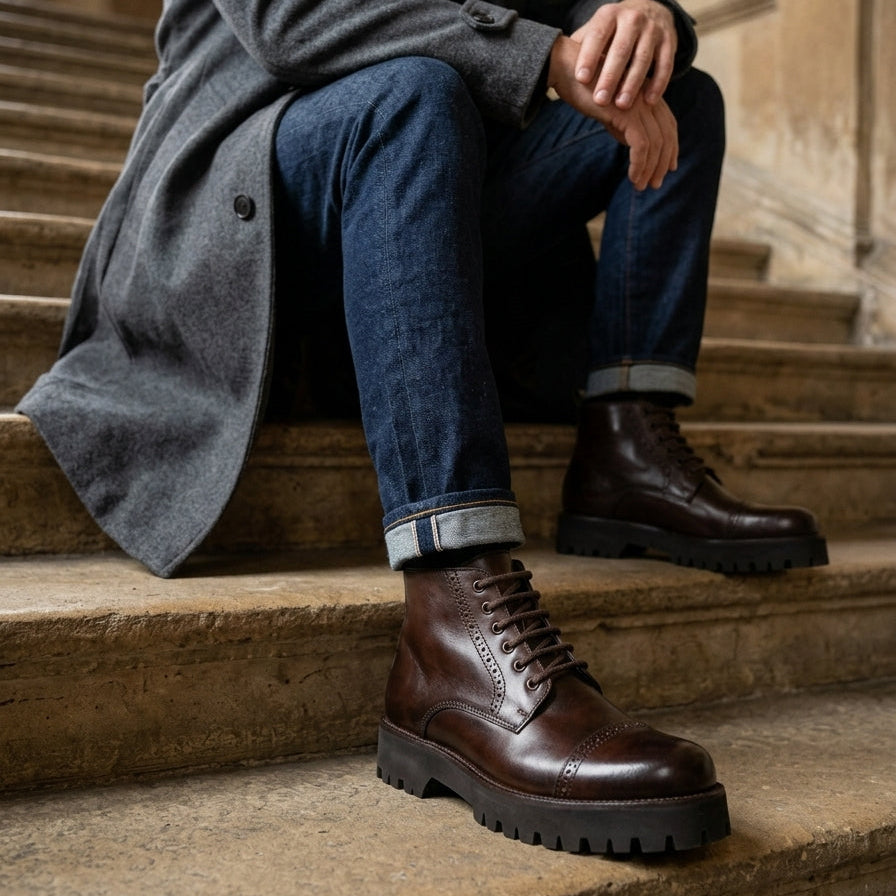 ZAVIO Cap-Toe Brogue Leather Boot — Brown