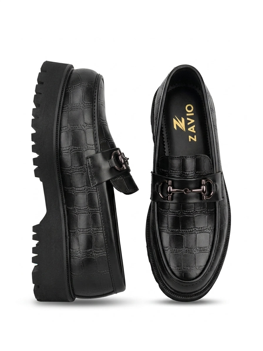 ZAVIO Croc Horsebit Lug Loafer — Black