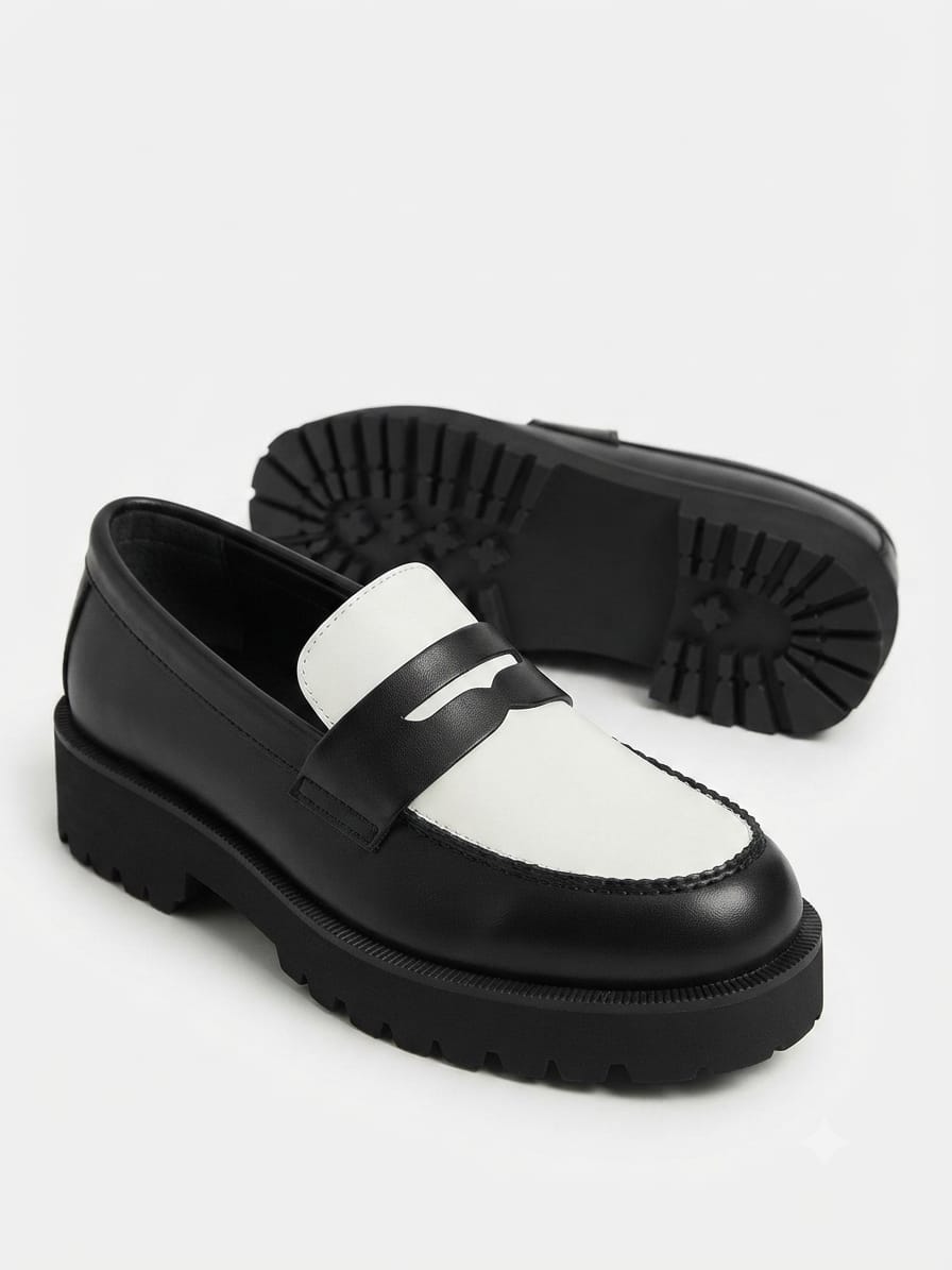 ZAVIO Two-Tone Chunky Penny Loafer — Black & Ivory