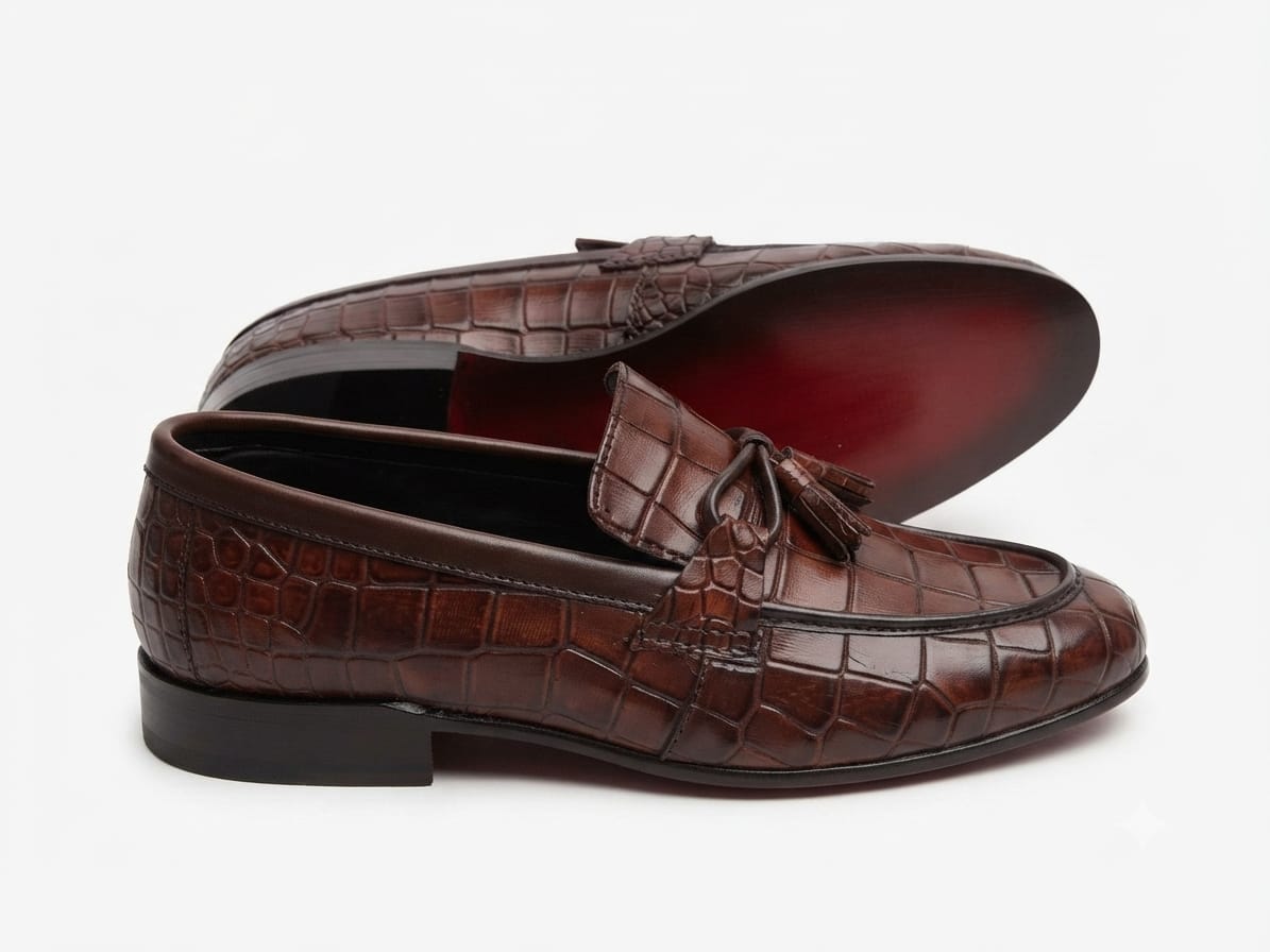 ZAVIO Croc-Embossed Tassel Loafer — Brown