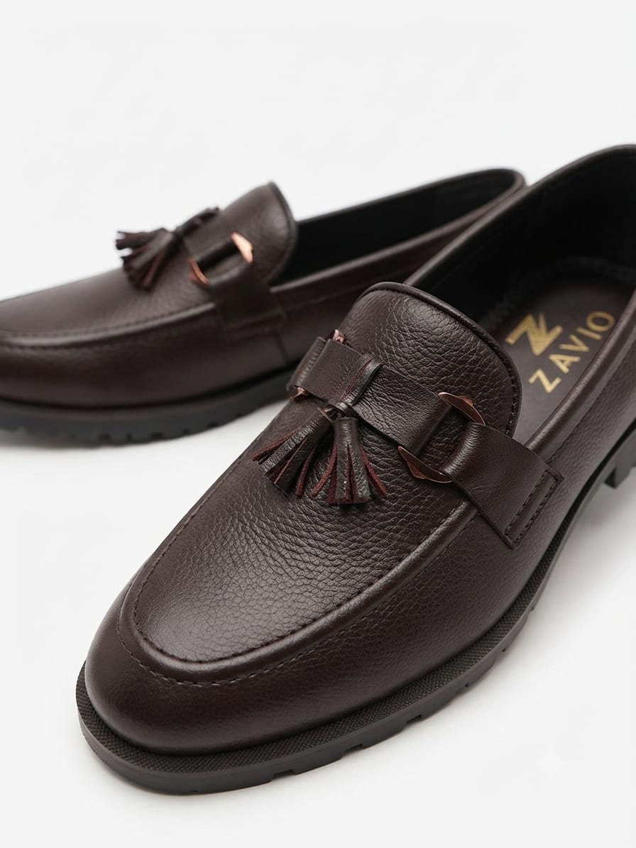 ZAVIO Pebbled Leather Tassel Loafer — Brown