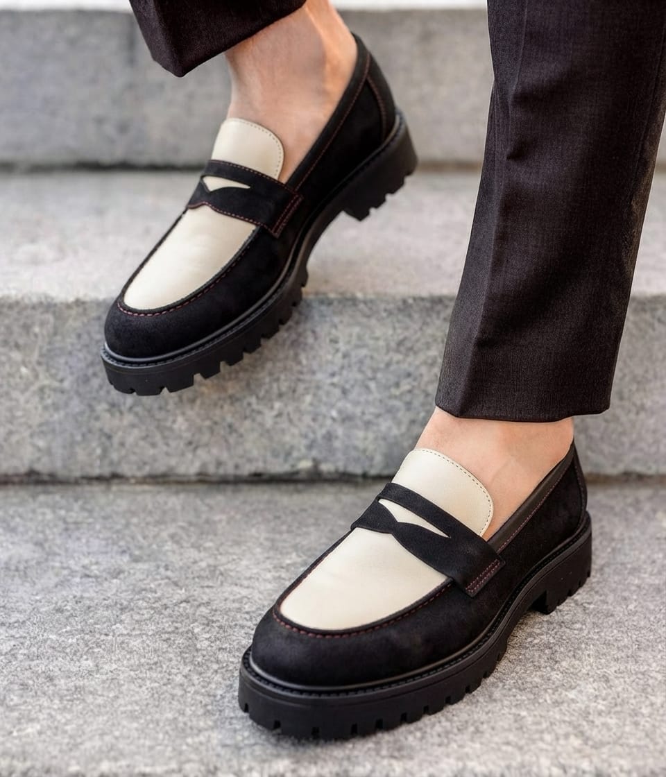 ZAVIO Two-Tone Chunky Penny Loafer — Black & Ivory