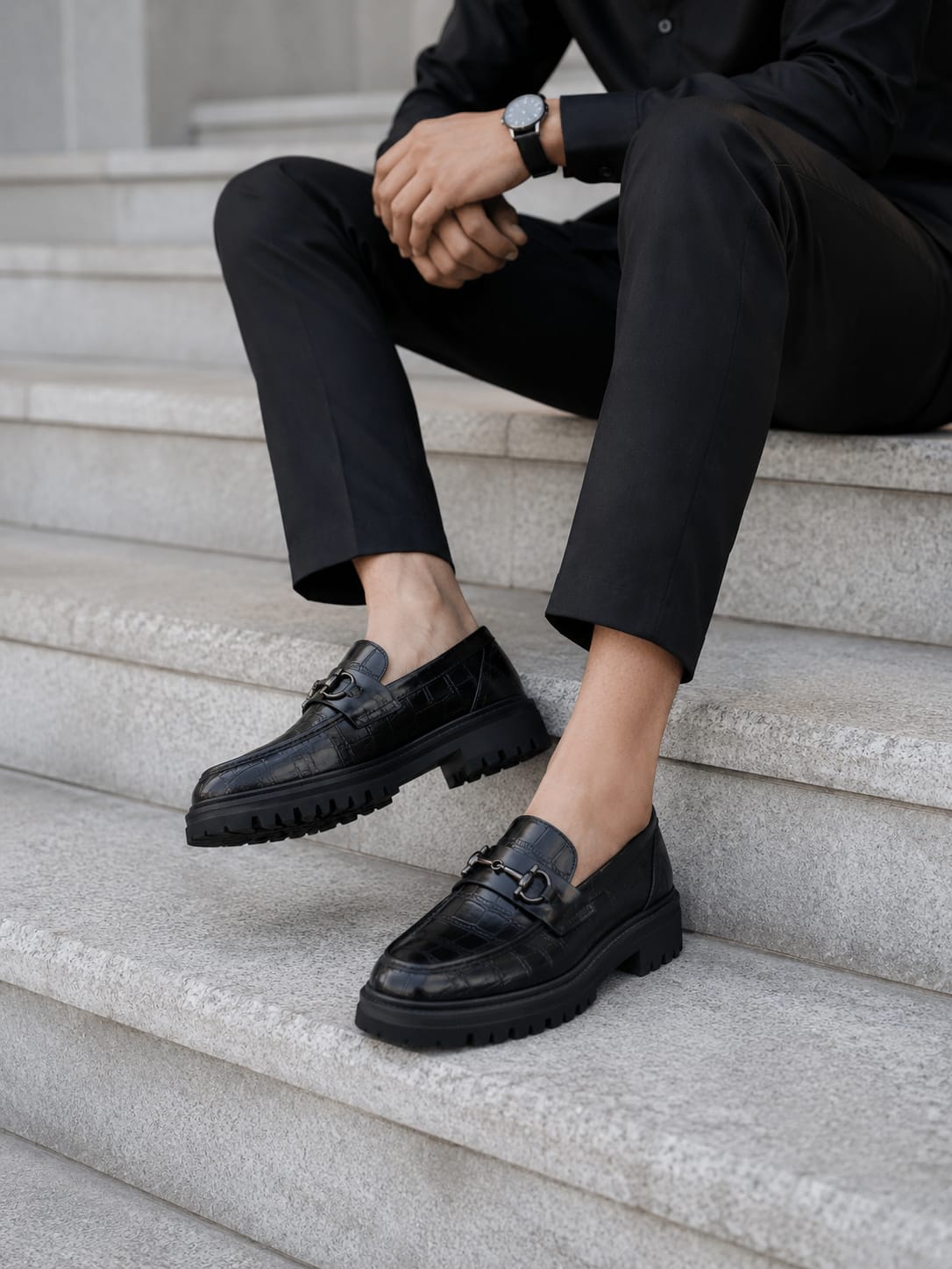 ZAVIO Croc Horsebit Lug Loafer — Black